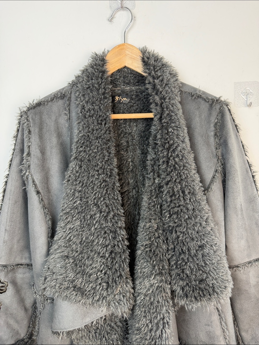 Johnny Was BIYA Shearling Faux Suede Embroidered Coat Hippie Boho XS Long Jacket - Picture 2 of 16